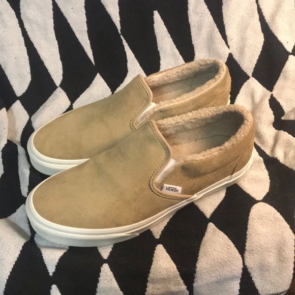 fuzzy vans slip ons tan